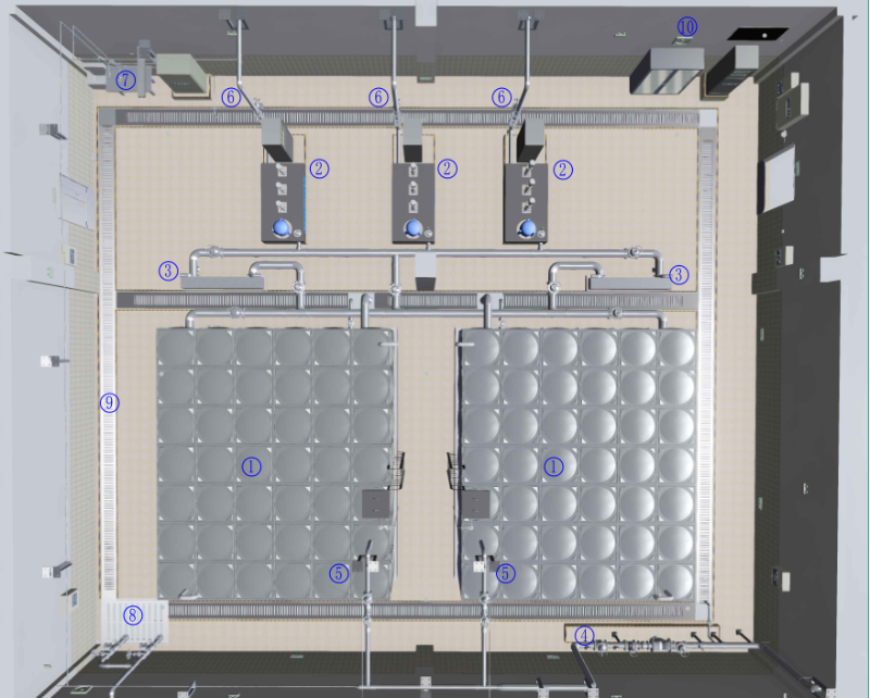二次供水泵房給排水平面示意圖